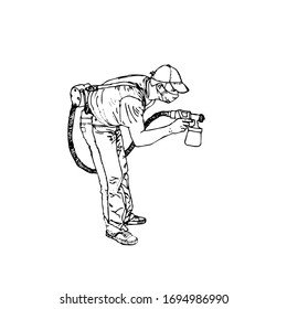 
Insect and bug spray and insecticide. Drawing sketch of spray painter holding spray gun painting 