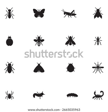 Insect and Bug Vector Icons Set, Entomology and Nature Silhouettes