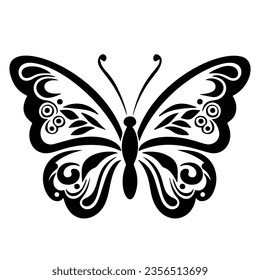 Insect butterfly black silhouette, winged gorgeous isolated on white background. Line drawing, vintage and wild.