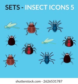 Paquete de iconos de dibujos animados de insectos. Ilustración vectorial