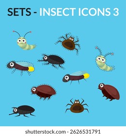 Paquete de iconos de dibujos animados de insectos. Ilustración vectorial