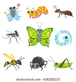 Insect Cartoon Images Collection In Cute Girly Style Flat Isolated Icons On White Background