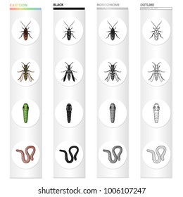 Insect cockroach, wasp, caterpillar, worm. Insects set collection icons in cartoon black monochrome outline style vector symbol stock illustration web.