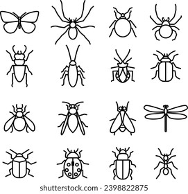 Insect collection illustration,Set of simple insect line icons. Outline stroke object.  Perfect for web apps and mobile.