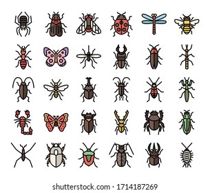 insect color outline vector icons bug and garden concept