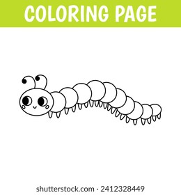 Insect coloring page, cute print with line caterpillar. Printable worksheet with solution for school and preschool.