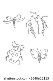 Insect coloring set for kids with butterfly, dragonfly, ladybug, and beetle. Cute hand-drawn black and white vector illustrations.