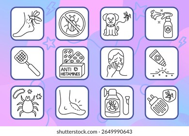 Insect control set icon. Bug bite, repellent spray, pet protection, antihistamine pills, rash, itch cream, insect killer, skin allergy, electric trap, swelling, redness, irritation.