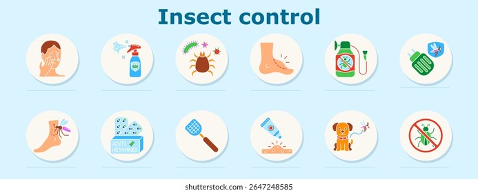Insect control set icon. Displays bite reaction, repellents, tick, itchy foot, insecticide, plug-in repeller, mosquito bite, antihistamines, swatter, ointment, pet with bug, no bugs sign