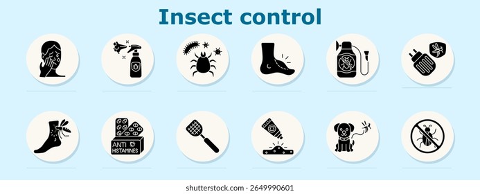 Insect control set icon. Displays bite reaction, repellents, tick, itchy foot, insecticide, plug-in repeller, mosquito bite, antihistamines, swatter, ointment, pet with bug, no bugs sign