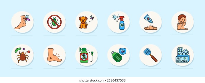 Insect control set icon. Mosquito bite, bug danger, pet risk, repellent spray, rash cream, allergy, insect reaction, tick, itch, poison, electric trap, antihistamines.