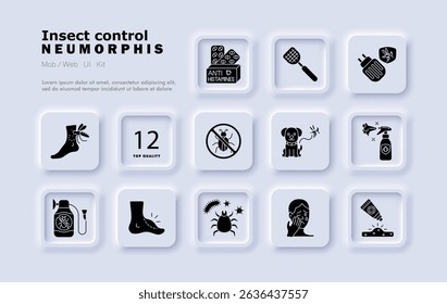 Insect control set icon. Mosquito bite, antihistamine, swatter, bug spray, pet defense, bite rash, irritated skin, stop sign, cream tube, infection mark, allergy pain.