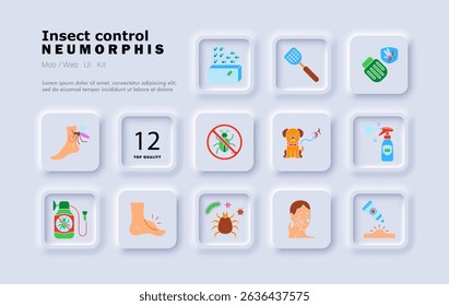 Insect control set icon. Mosquito bite, antihistamine, repellent spray, swatter, bug trap, rash cream, allergic reaction, bite mark, pest danger, parasite defense.