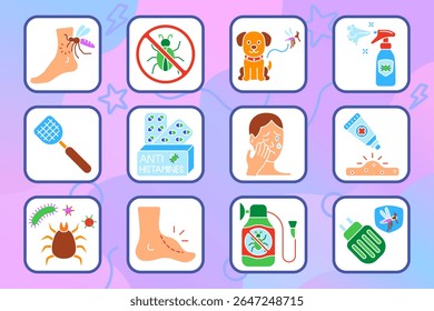 Ícone do conjunto de controle de inseto. Picada de mosquito, proibição de pragas, proteção para animais de estimação, spray, flyswatter, pílulas anti-histamínicos, coceira, creme contra erupção cutânea, carrapato, pé alérgico, pesticida, repelente de mosquito.