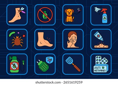 Insect control set icon. Mosquito bite, insect ban, dog protection, spray bottle, tick, allergic rash, foot swelling, face itch, cream, pesticide, electric repeller, flyswatter, antihistamines.