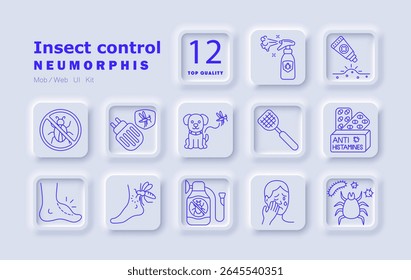 Ícone do conjunto de controle de inseto. Repelente, anti-histamínicos, sprays, picadas, irritação, picadas de insetos, alergia, proteção de cães, armadilha elétrica, tratamento de pragas, reação cutânea, coceira, perigo, prevenção.