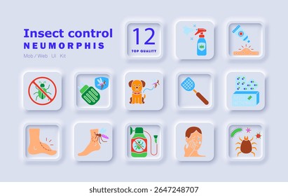 Insect control set icon. Repellent, antihistamines, sprays, bites, irritation, insect bites, allergy, dog protection, electric trap, pest treatment, skin reaction, itch, danger, prevention.