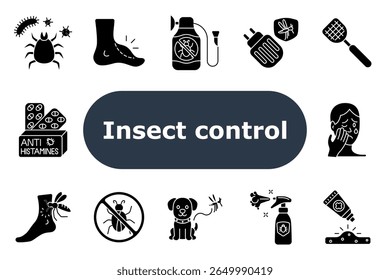 Insect control set icon. Ticks, foot rash, repellents, electric diffuser, mosquito net, antihistamine, itching, forbidden bug sign, pet protection, insecticide, rash treatment, allergic face.