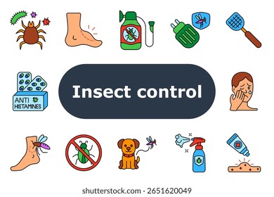 Insect control set icon. Ticks, foot rash, repellents, electric diffuser, mosquito net, antihistamine, itching, forbidden bug sign, pet protection, insecticide, rash treatment, allergic face.