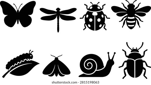 Insect and Creature Silhouettes Featuring Butterfly, Dragonfly, Ladybug, Bee, Caterpillar, Moth, Snail, and Beetle
