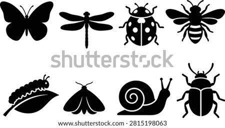 Insect and Creature Silhouettes Featuring Butterfly, Dragonfly, Ladybug, Bee, Caterpillar, Moth, Snail, and Beetle