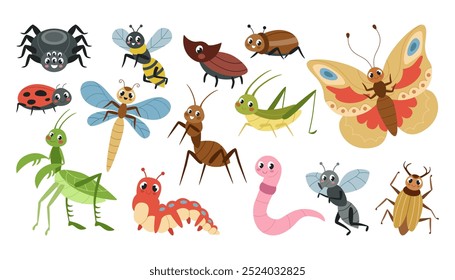 Insect, cute animal. Bug, colorful beetle and ant, butterfly, flying bee, and spider, caterpillar, dragonfly. Kid funny illustration. Character cartoon flat garden isolated colorful vector tidy set