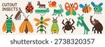 Insect cutout set with bee ladybug ladybird moth and snail simple. Cute insect artwork for kids posters nursery prints and educational design.
