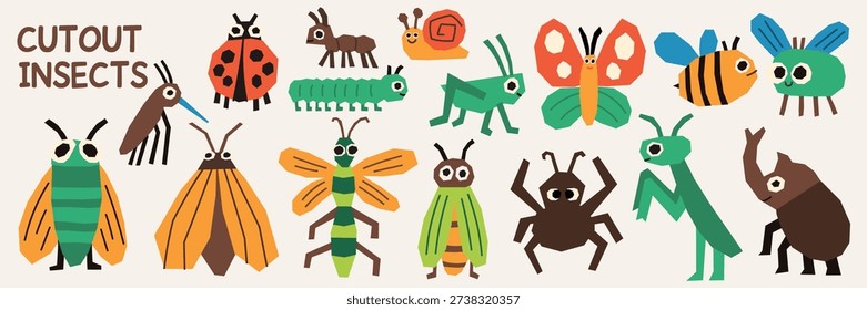 Insect cutout set with bee ladybug ladybird moth and snail simple. Cute insect artwork for kids posters nursery prints and educational design.