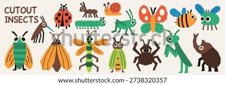 Insect cutout set with bee ladybug ladybird moth and snail simple. Cute insect artwork for kids posters nursery prints and educational design.