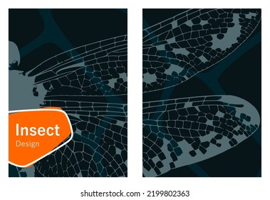 Insect design book, brochure, catalog, flyer a4 front and back page template design. Insect wings silhouette. Drones, mapping, military, digital imaging, technology, biology, micro.