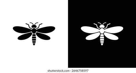 Insect design with wings, antennae, and a body divided into sections, displayed on a split background featuring stark contrasting colors.