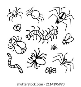 Insect doodle set. Flies, worm, spider, centipede. Vile wild animals. Hand drawn black line vector illustration. Ugly elements of wildlife. Icons from the Halloween collection.