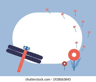Insect. Dragonfly. Childish. Frame Vector illustration of  insect in frame in flat style. Template for your text or photo. Ideal for cards, invitations, party, kindergarten, preschool and children.