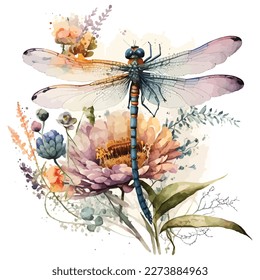 insect dragonfly in a watercolor style isolated. Aquarelle dragonfly for background, texture, wrapper pattern, frame or border.