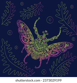 Dibujo de insectos para afiche, libro, etiqueta, emblema al estilo neón