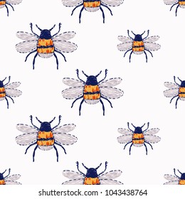 Insect embroidery small funny bee patch. Fashion patches with summer wild nature illustration embroideries. Seamless pattern backdrop. Trendy traditional art with insects on white background.