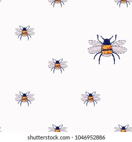 Insect embroidery small funny bee patch. Fashion patches with summer wild nature illustration embroideries. Seamless pattern backdrop. Trendy traditional art with insects on white background.