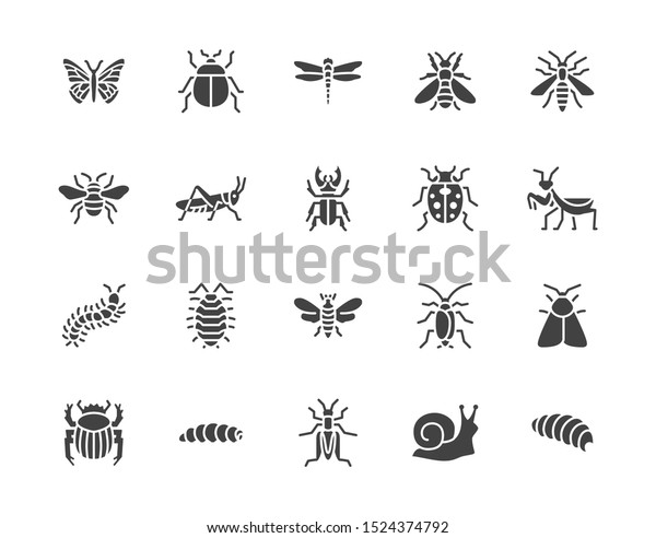 昆虫の平らな絵文字アイコンセット 蝶 虫 糞甲虫 バッタ ゴキブリ スカラブ 蜂 毛虫のベクターイラスト 虫の黒いしるし シルエットの絵文字のピクセルに最適 のベクター画像素材 ロイヤリティフリー