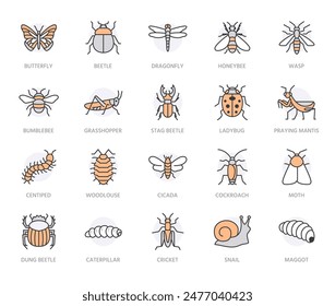 Symbole für flache Insektenlinien gesetzt. Schmetterling, Insekt, Mistkäfer, Heuschrecke, Schabe, Skarabäus, Biene, Raupe Vektorillustrationen. Umrissschilder für Schädlinge. Orangefarben. Bearbeitbare Striche