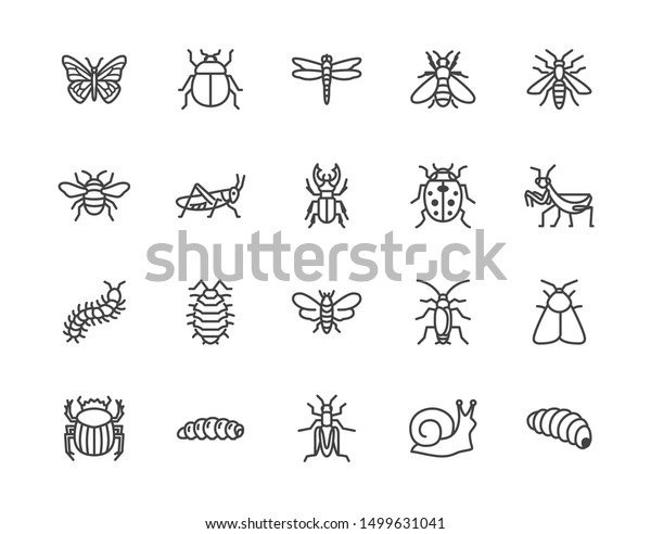 Insect flat line icons set. Butterfly, bug, dung\
beetle, grasshopper, cockroach, scarab, bee, caterpillar vector\
illustrations. Outline signs for insects pest. Pixel perfect.\
Editable Strokes.