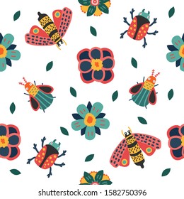 Insect and Floral background.  Hand drawn floral pattern. Surface with meadow flowers, butterfly, beetle and dragonfly. Vector seamless background. Insects.Spring summer flat vector illustration.