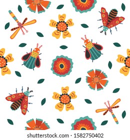 Insect and Floral background.  Hand drawn floral pattern. Surface with meadow flowers, butterfly, beetle and dragonfly. Vector seamless background. Insects.Spring summer flat vector illustration.