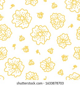 Insect & flowers doodle illustration. Spring concept with hand drawn linear abstract floral elements. Yellow vector seamless pattern on white background. Ladybug, honeybee & peonies.
