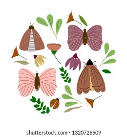 Insect  and flowers hand drawn flat color illustrations set. Floral sketch. Beetle and flower collection. Vector.