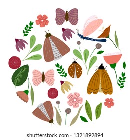 Insect  and flowers hand drawn flat color illustrations set. Floral sketch. Beetle and flower collection. Vector.