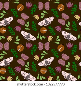 Insect  and flowers hand drawn seamless pattern. Floral sketch in flat style. Beetle and flower collection. Vector.