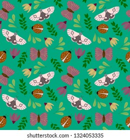 Insect  and flowers hand drawn seamless pattern. Beetle and flower collection for wrapping paper, background and stationary. Vector.