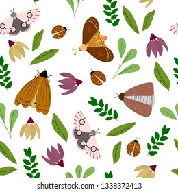 Insect  and flowers hand drawn seamless pattern. Beetle and flower collection for wrapping paper, background and stationary. Vector.