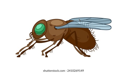 Insect Fly Side View Pose. Vector Agile Aerial Creature With Multifaceted Eyes And Delicate Wings, Pollinator, Predator