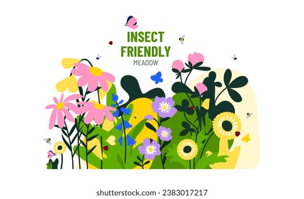 Ilustración vectorial del prado amigable de insectos. Varias flores silvestres con insectos. El concepto de la rebautización, restaurando el equilibrio de la naturaleza. revitalización de ambientes degradados. 